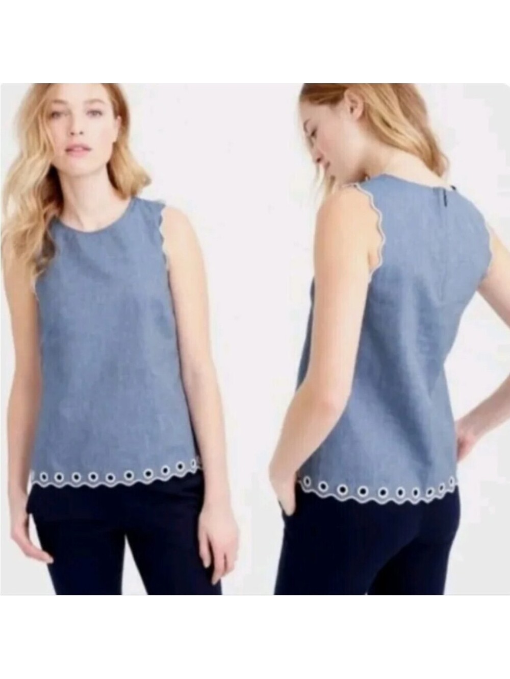 J.CREW Blue sleevless Cotton Chambray Scalloped grommett Tank Top SZ 4